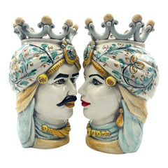Couple Teste Di Moro From Caltagirone Moor’s Heads With Crown - Height 25 cm Classic Crown With Green Decoration