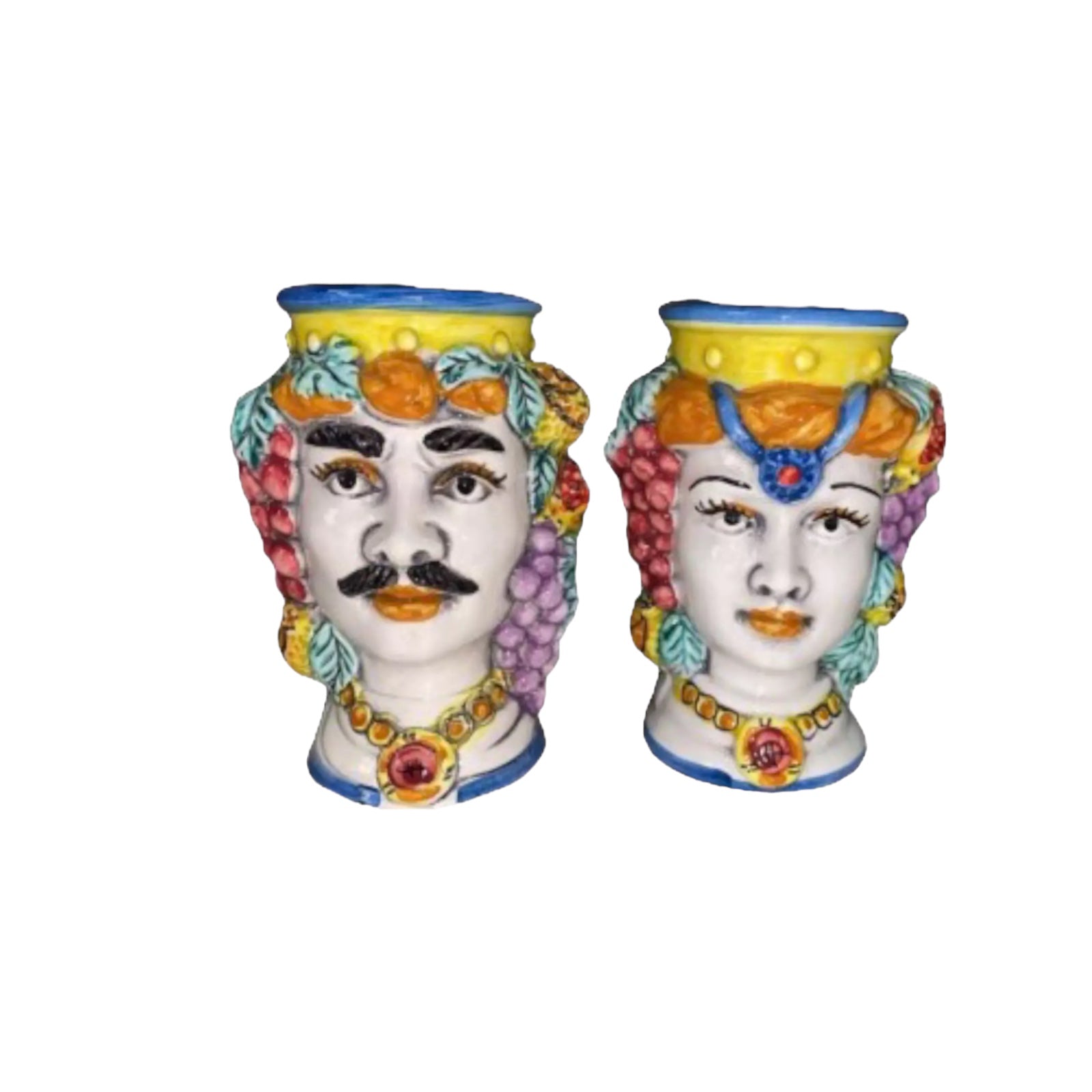 Pair of Caltagirone ceramic heads, classic model with fruit, hand-decorated, height 10cm
