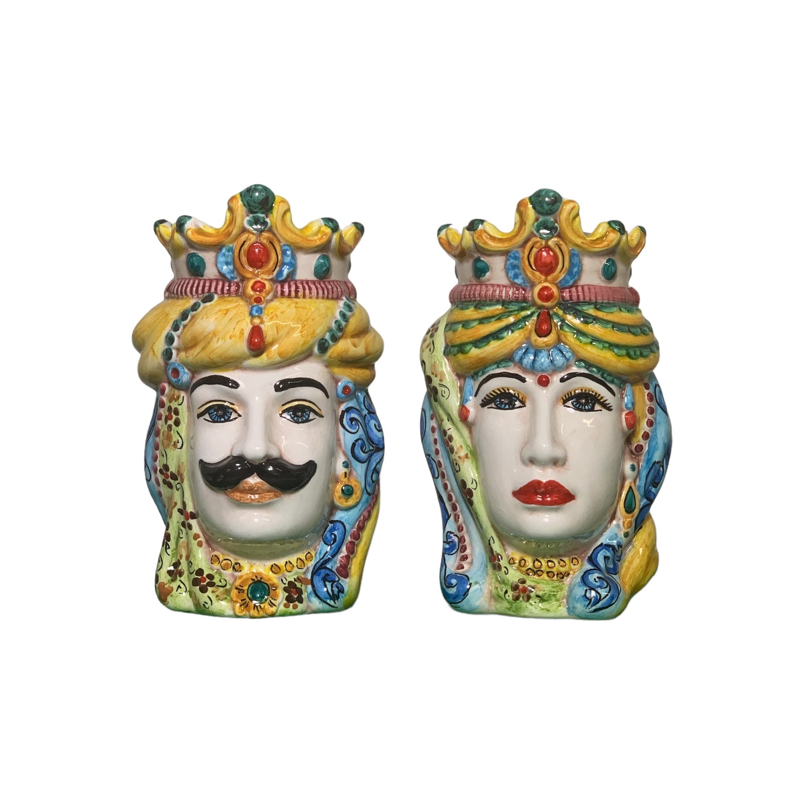Couple of Teste Di Moro in Caltagirone ceramic, h approx. 18 cm. Crown and turban