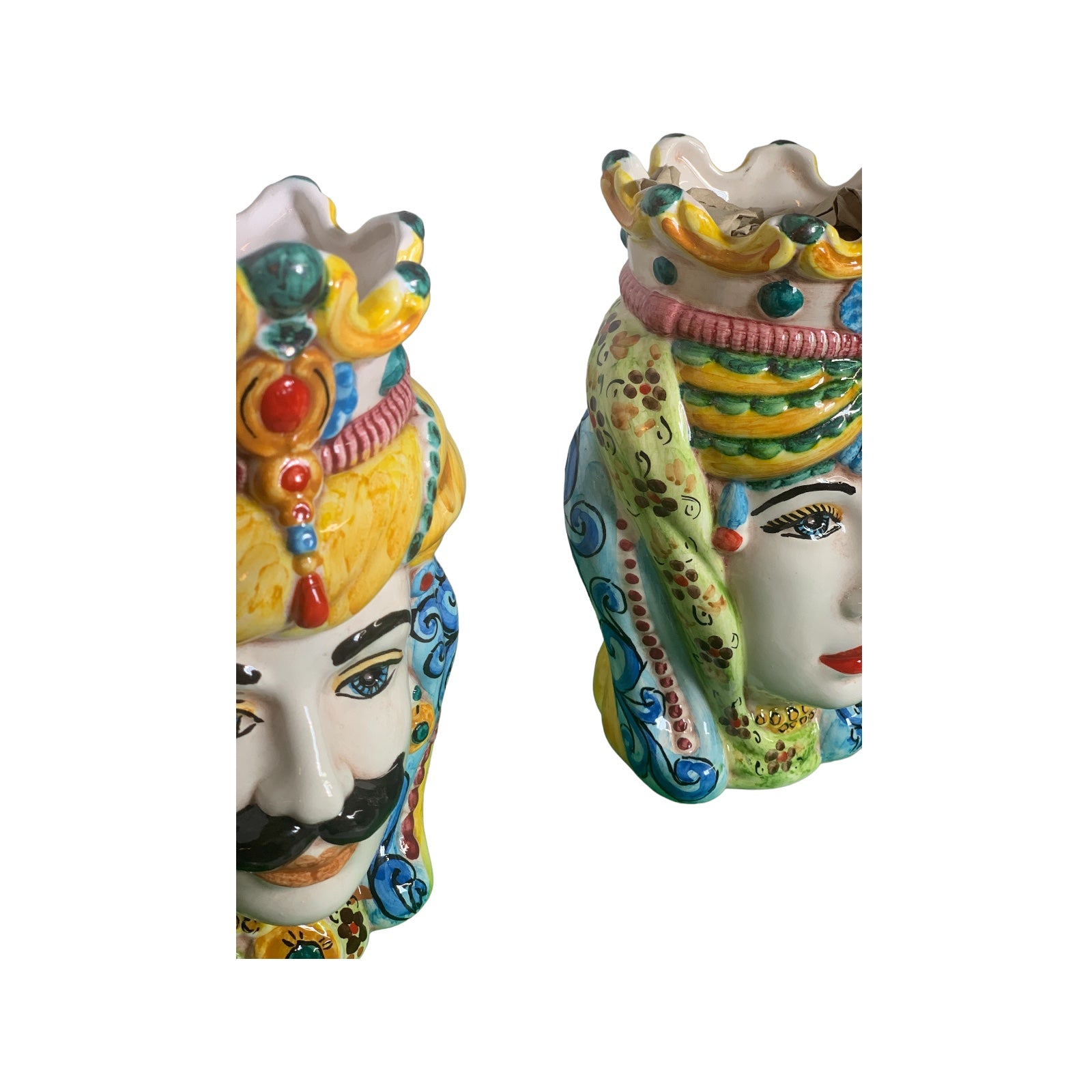 Couple of Teste Di Moro in Caltagirone ceramic, h approx. 18 cm. Crown and turban