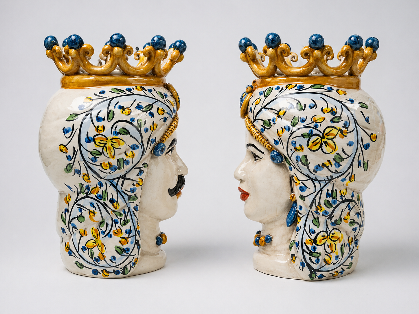 Sicilian Teste di Moro Ceramic Busts with Cactus & Floral Maiolica Design – 25cm