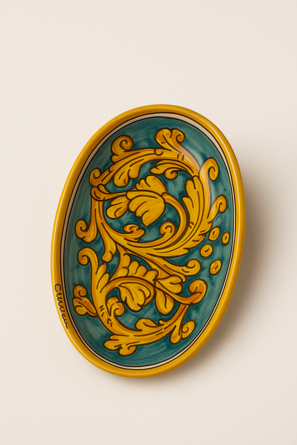 Sicilian Hand-Painted Ceramic Dish – Baroque Caltagirone Style (9” x 6”)