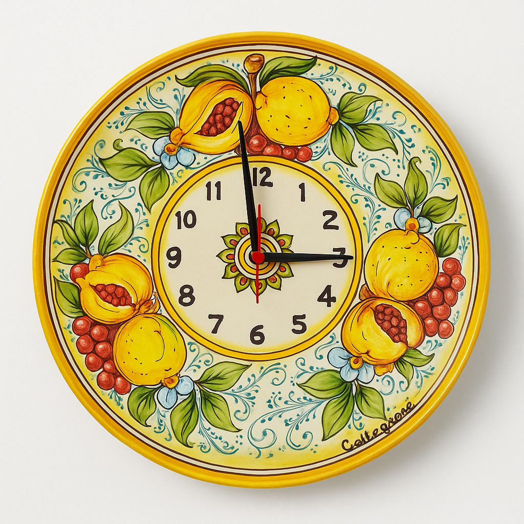 Sicilian Hand-Painted Ceramic Wall Clock – Caltagirone Lemon & Pomegranate Design