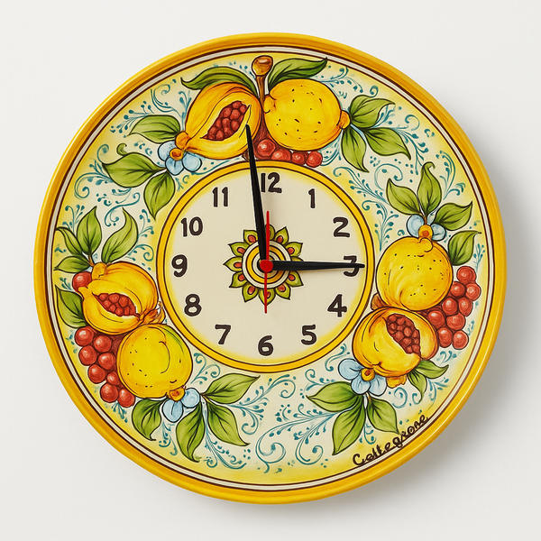 Sicilian Hand-Painted Ceramic Wall Clock – Caltagirone Lemon & Pomegranate Design