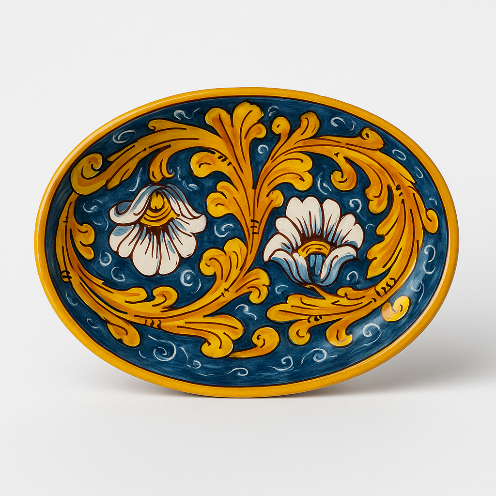 Sicilian Hand-Painted Ceramic Dish – Blue Baroque Floral Caltagirone Style (9” x 6”)