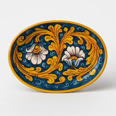 Sicilian Hand-Painted Ceramic Dish – Blue Baroque Floral Caltagirone Style (9” x 6”)