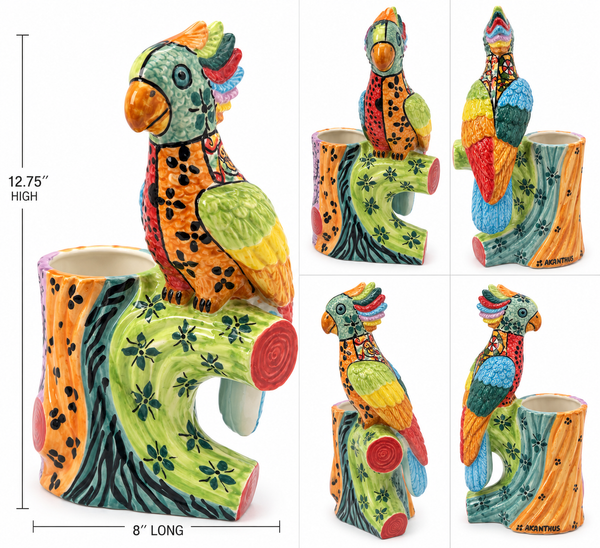 Hand-Painted Italian Ceramic Parrot with Holder – 12.75”