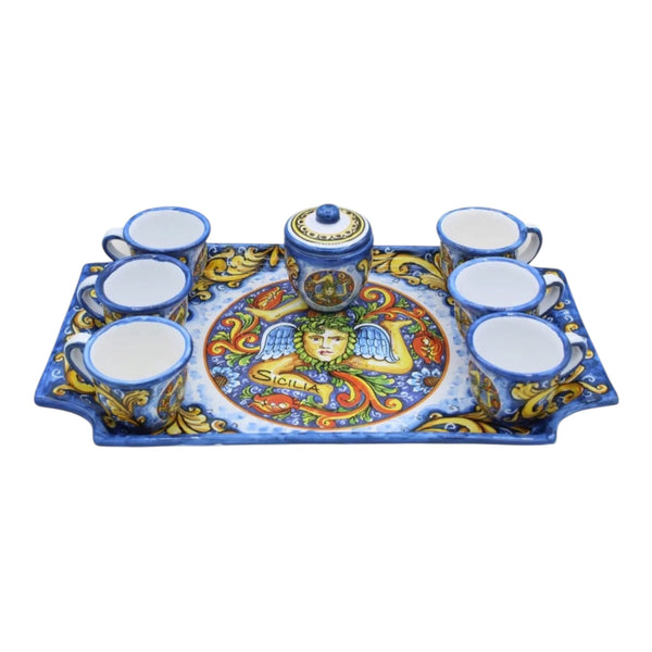 Sicilian Trinacria Espresso Set with Serving Tray – Hand-Painted Ceramic (8-Piece)