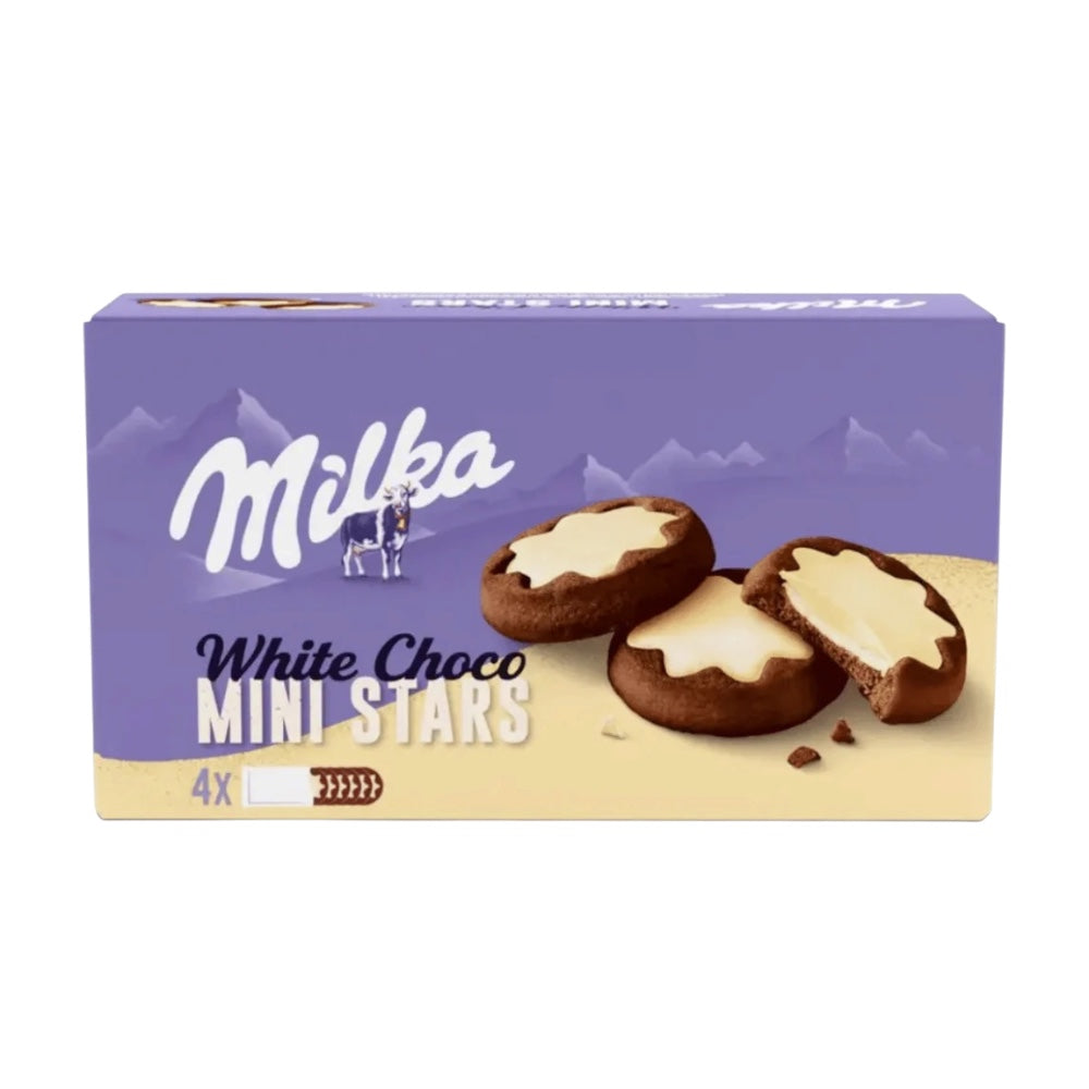 Milka White Choco Mini Stars Cookies – White Chocolate Filled Cocoa Biscuits 4 Pack