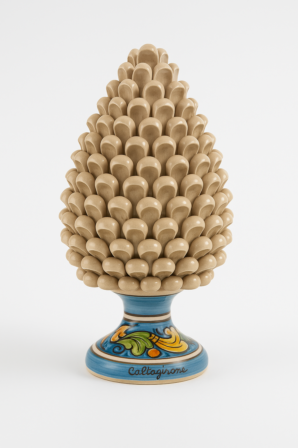 Sicilian Ceramic Pine Cone – Beige with Hand-Painted Base (27 cm, Caltagirone, Italy)