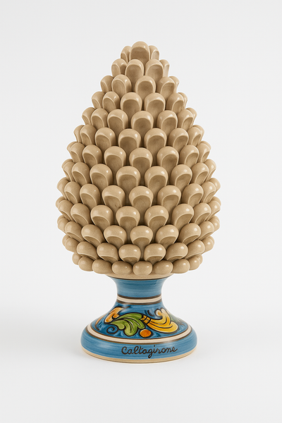 Sicilian Ceramic Pine Cone – Beige with Hand-Painted Base (27 cm, Caltagirone, Italy)
