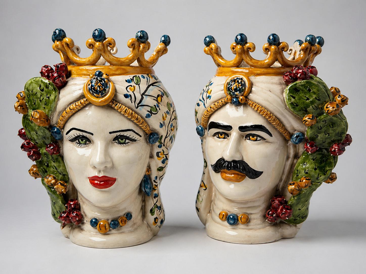 Sicilian Teste di Moro Ceramic Busts with Cactus & Floral Maiolica Design – 25cm