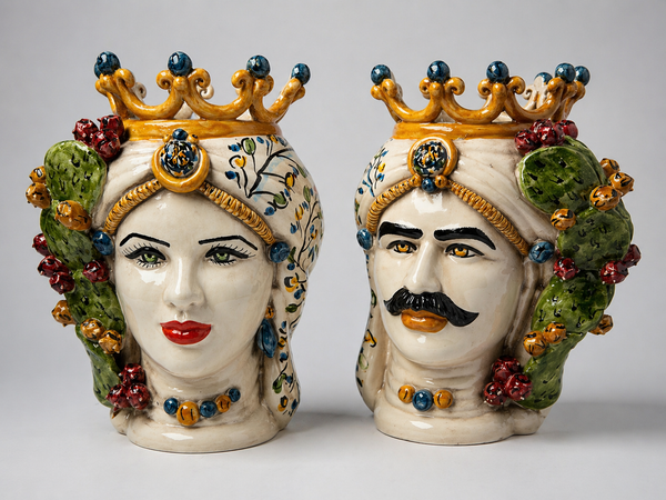 Sicilian Teste di Moro Ceramic Busts with Cactus & Floral Maiolica Design – 25cm