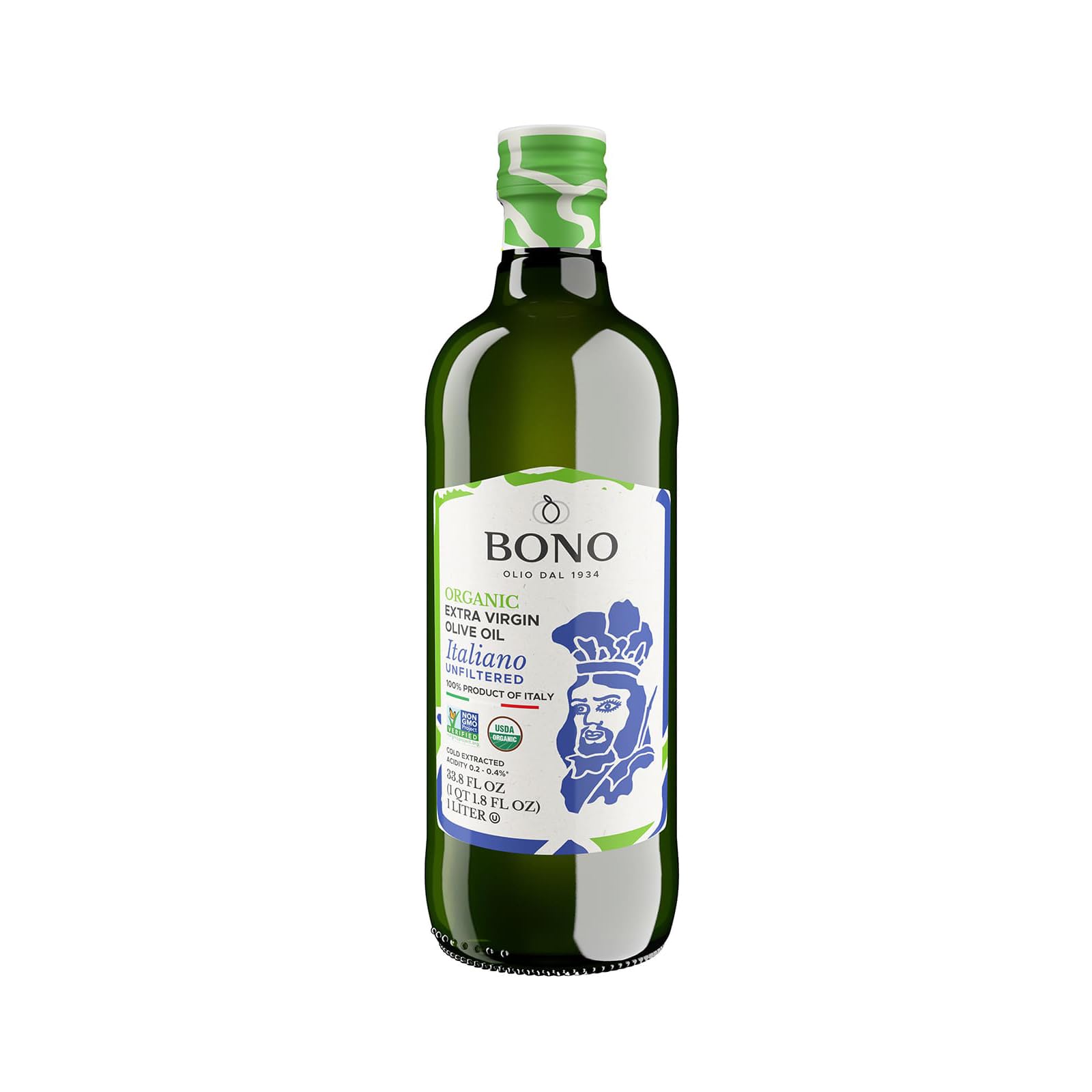 Bono Organic Extra Virgin Olive Oil Unfiltered Italiano 100% Imported from Sicily 33.8 oz Bottle