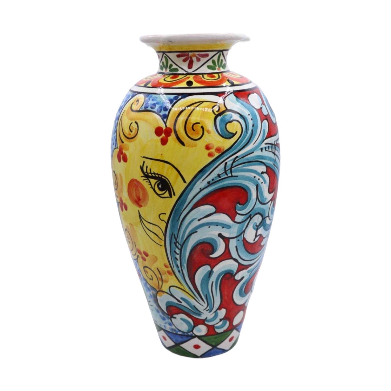 Caramic Vase With Baroque decoration, sun, cart wheel and prickly pear shovel, height 30 cm