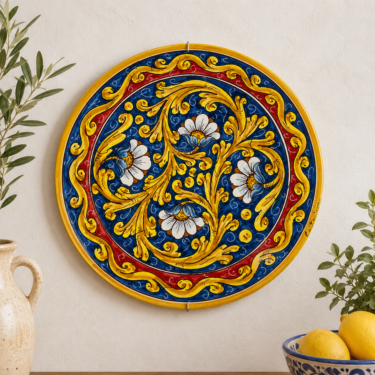 12” Hand-Painted Sicilian Baroque Floral Decorative Wall Plate