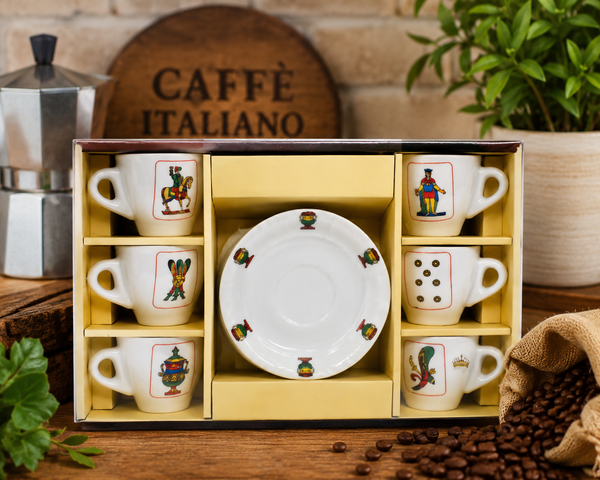 Neapolitan Espresso Cups & Saucers, Set of 12 — Service for 6 | With Playing Card Design Scopa