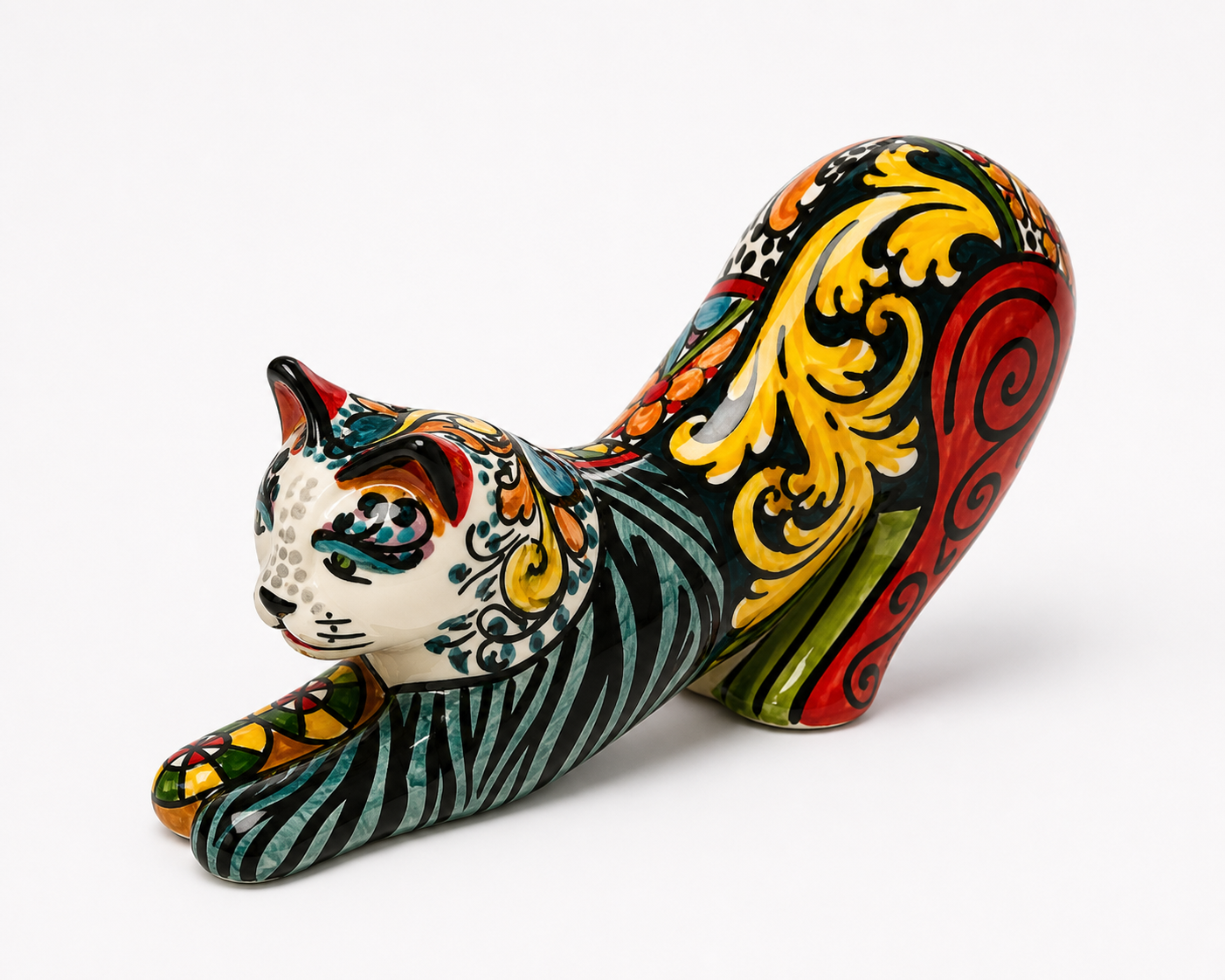 Hand-Painted Sicilian Ceramic Cat Figurine – 10” Italian Decor
