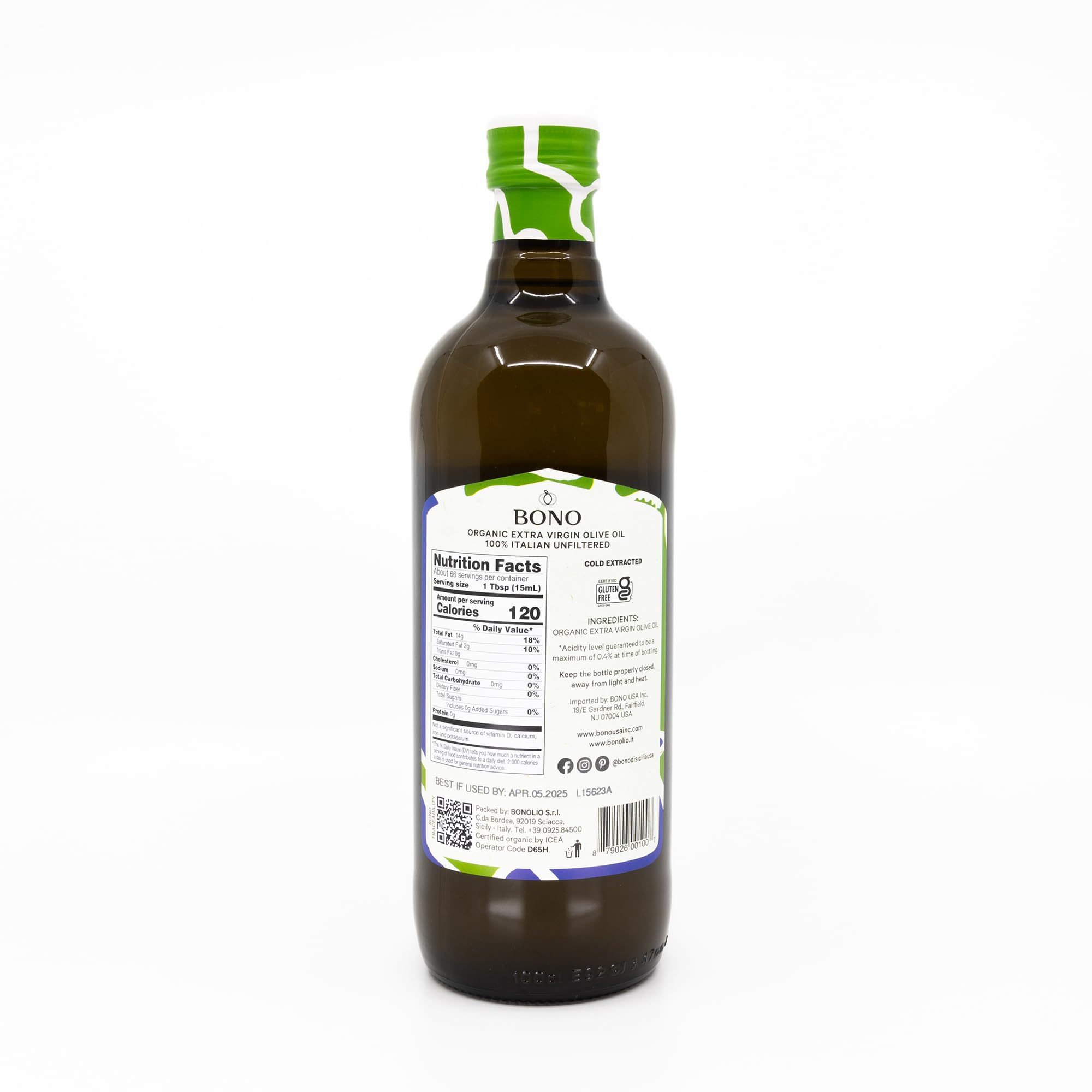 Bono Organic Extra Virgin Olive Oil Unfiltered Italiano 100% Imported from Sicily 33.8 oz Bottle