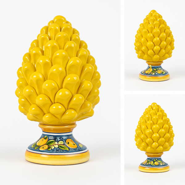 Hand-Painted Sicilian Ceramic Pine Cone (Pigna) – Yellow with Lemon Base 21cm