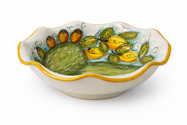 Hand-Painted Sicilian Ceramic Bowl – Lemon & Cactus Design (9.5”)