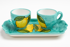 Sorrento Ceramic Espresso Cup Set with Tray – Lemon Design (Turquoise, Handmade in Italy)