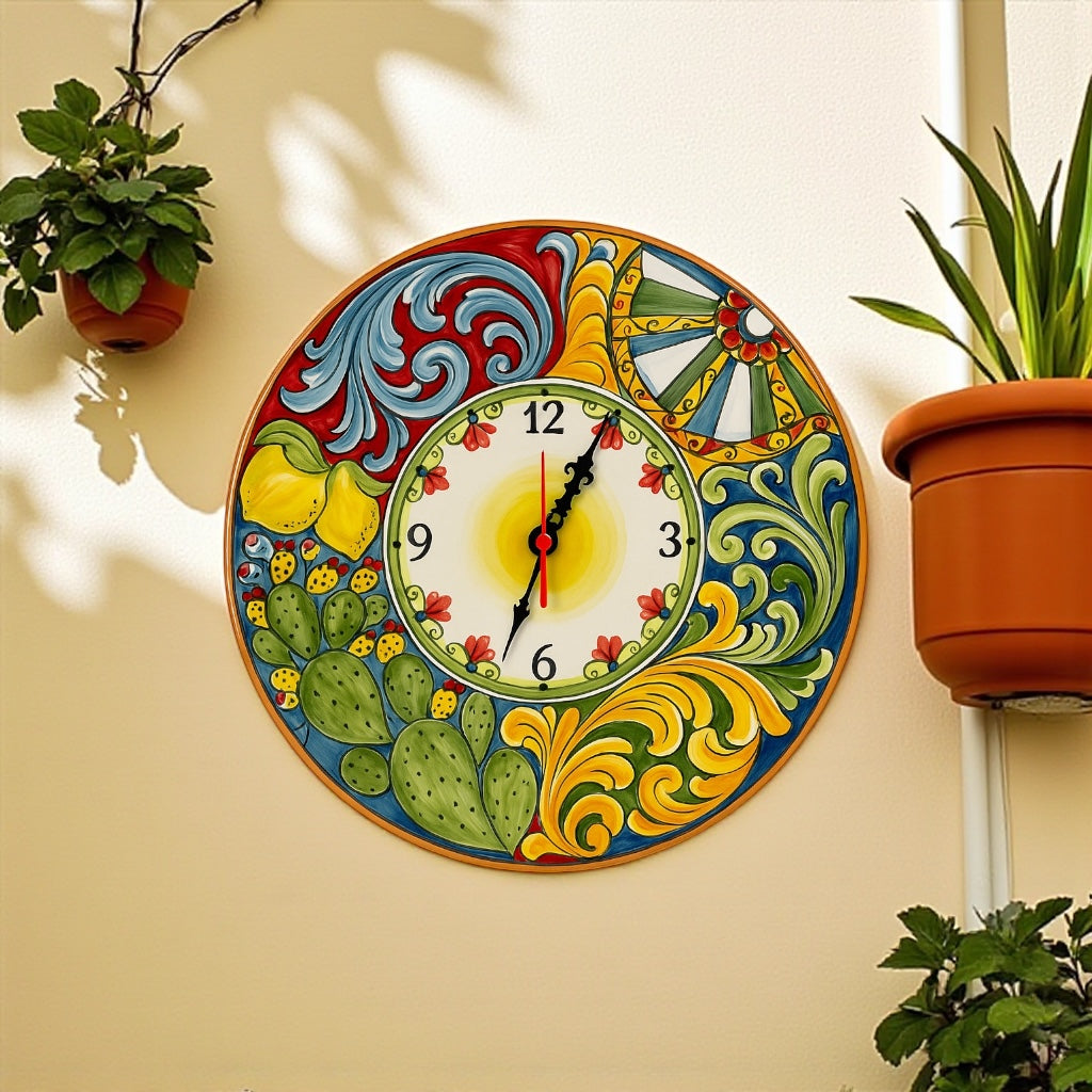 Hand-Painted Sicilian Ceramic Wall Clock – Caltagirone Design 12 inches