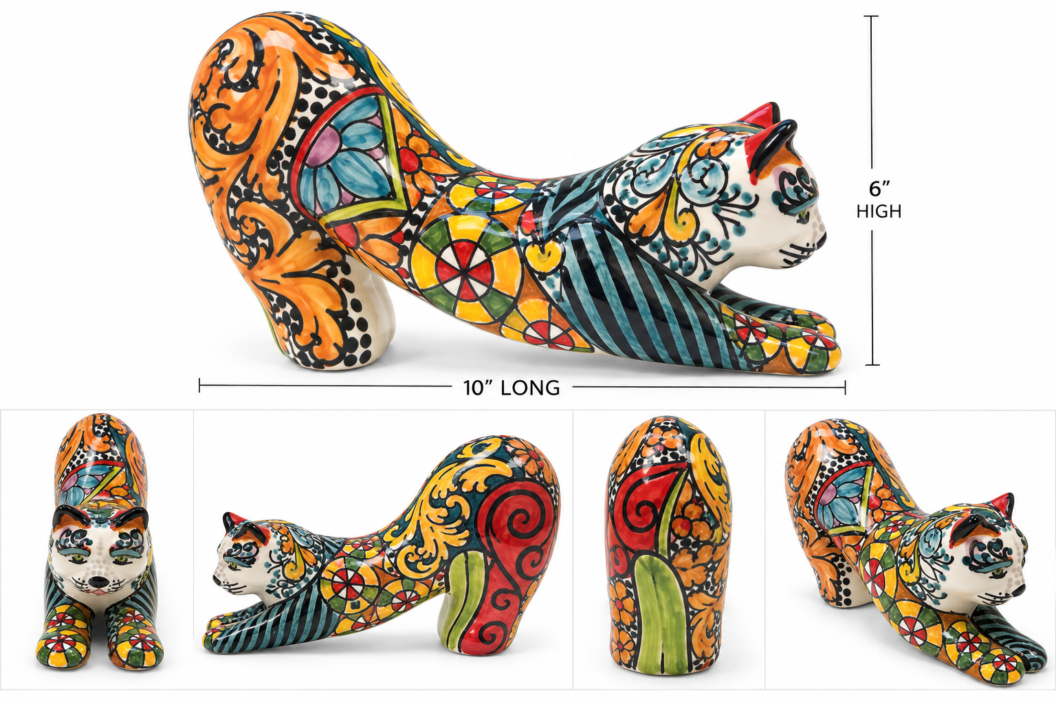 Hand-Painted Italian Ceramic Cat – 10” × 6”