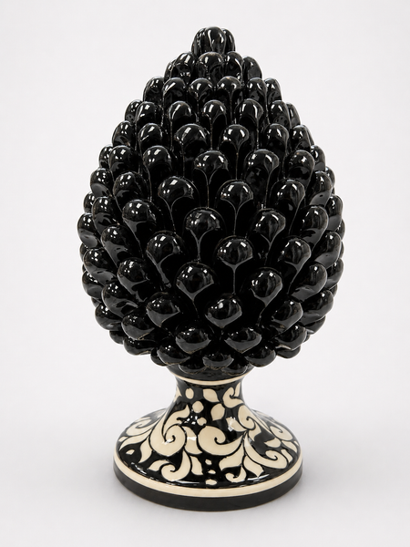 Sicilian Black Ceramic Pine Cone on Baroque Base – Symbol of Prosperity & Elegance 25cm