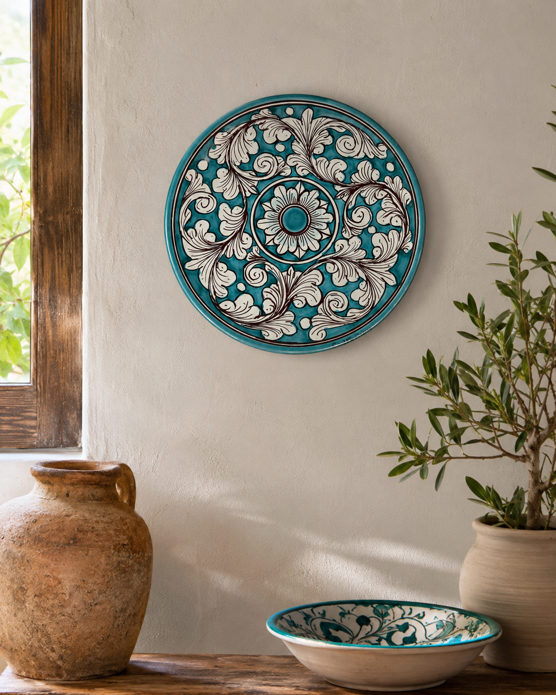 Turquoise Floral Italian Ceramic Wall Plate – 10 Inch