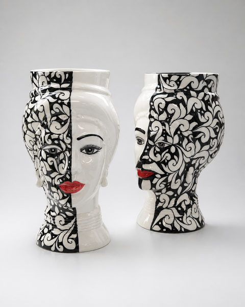 Large Sicilian Ceramic Head Vases – Black & White Baroque Design (Approx. 32 cm Tall)