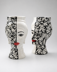 Large Sicilian Ceramic Head Vases – Black & White Baroque Design (Approx. 32 cm Tall)