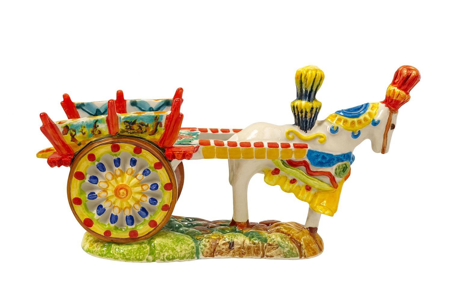 Hand-Painted Sicilian Ceramic Cart with Horse – Caltagirone Artisan Piece (15 cm)