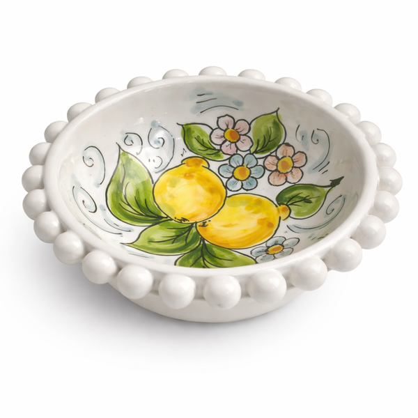 Hand-Painted Sicilian Ceramic Bowl with Beaded Rim – Lemon Design (6”)