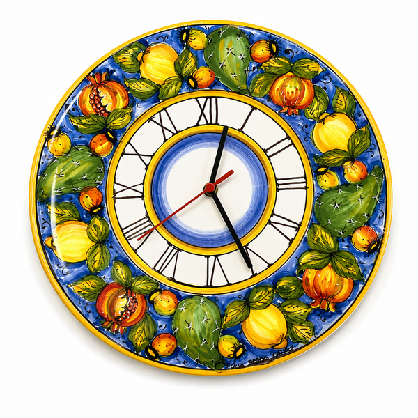 Handcrafted Sicilian Ceramic Wall Clock with Lemons & Prickly Pears – 12 Inches