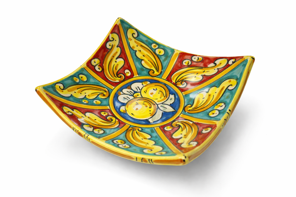 Hand-Painted Sicilian Ceramic Square Bowl – Majolica Lemon Design (6″ × 6″)