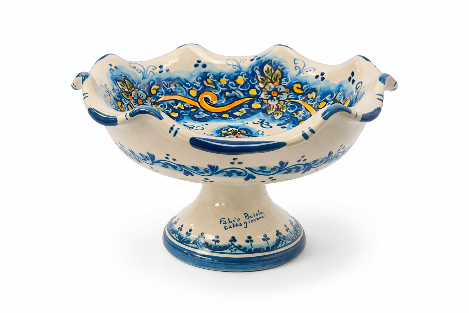 Hand-Painted Sicilian Ceramic Pedestal Bowl – 9.5”