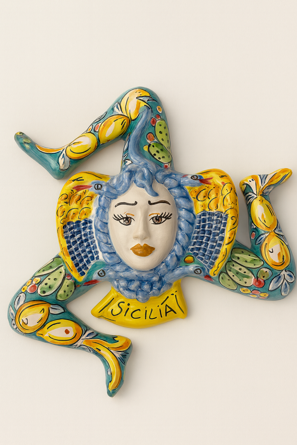 Sicilian Hand-Painted Ceramic Trinacria Wall Decor – Caltagirone Style (14” x 12”)