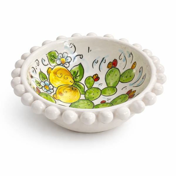 Hand-Painted Sicilian Ceramic Bowl with Beaded Rim – Prickly Pear & Lemon Design (6”)