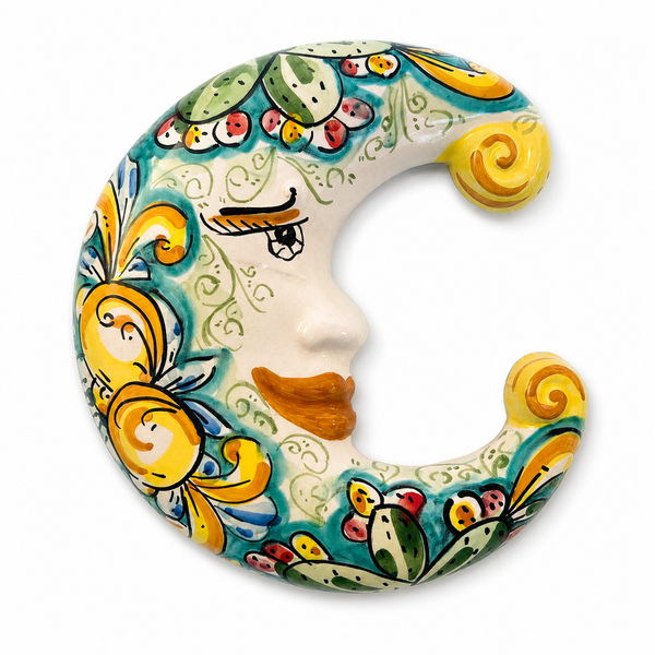 Hand-Painted Sicilian Ceramic Moon Face – 9” Italian Wall Decor