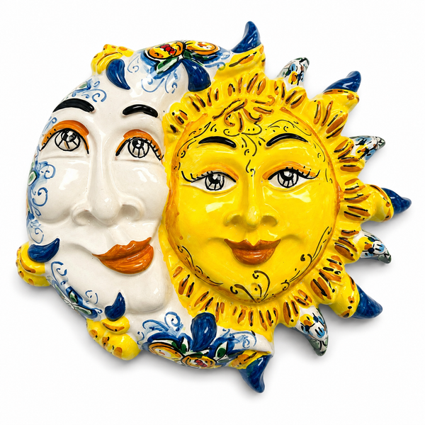 Handcrafted Sicilian Sun & Moon Ceramic Wall Decor – Maiolica Style – 12.5 x 11 Inches