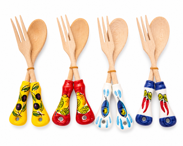 Hand-Painted Italian Salad Server Set – Wooden Spoon & Fork with Ceramic Handles (1 Set, Random Design)