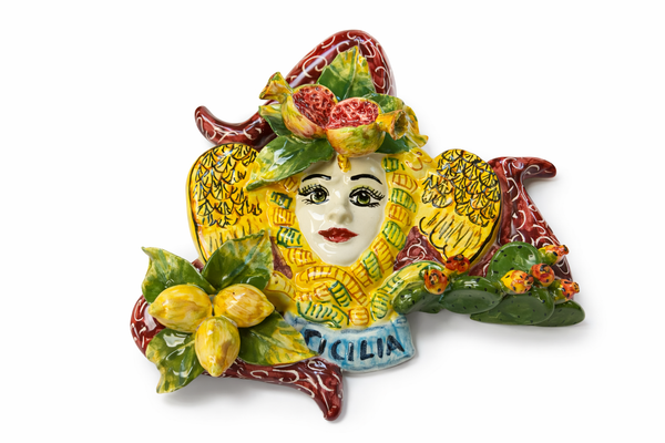 Sicilian Trinacria Ceramic Wall Decor – 11” Bordeaux With Fruits
