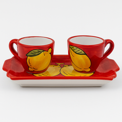 Sorrento Ceramic Espresso Cup Set with Tray – Lemon Design (Red, Handmade in Italy)