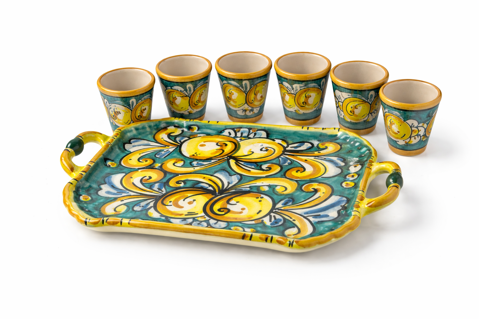 Sicilian Limoncello Set – Tray with 6 Cups in Caltagirone Ceramic