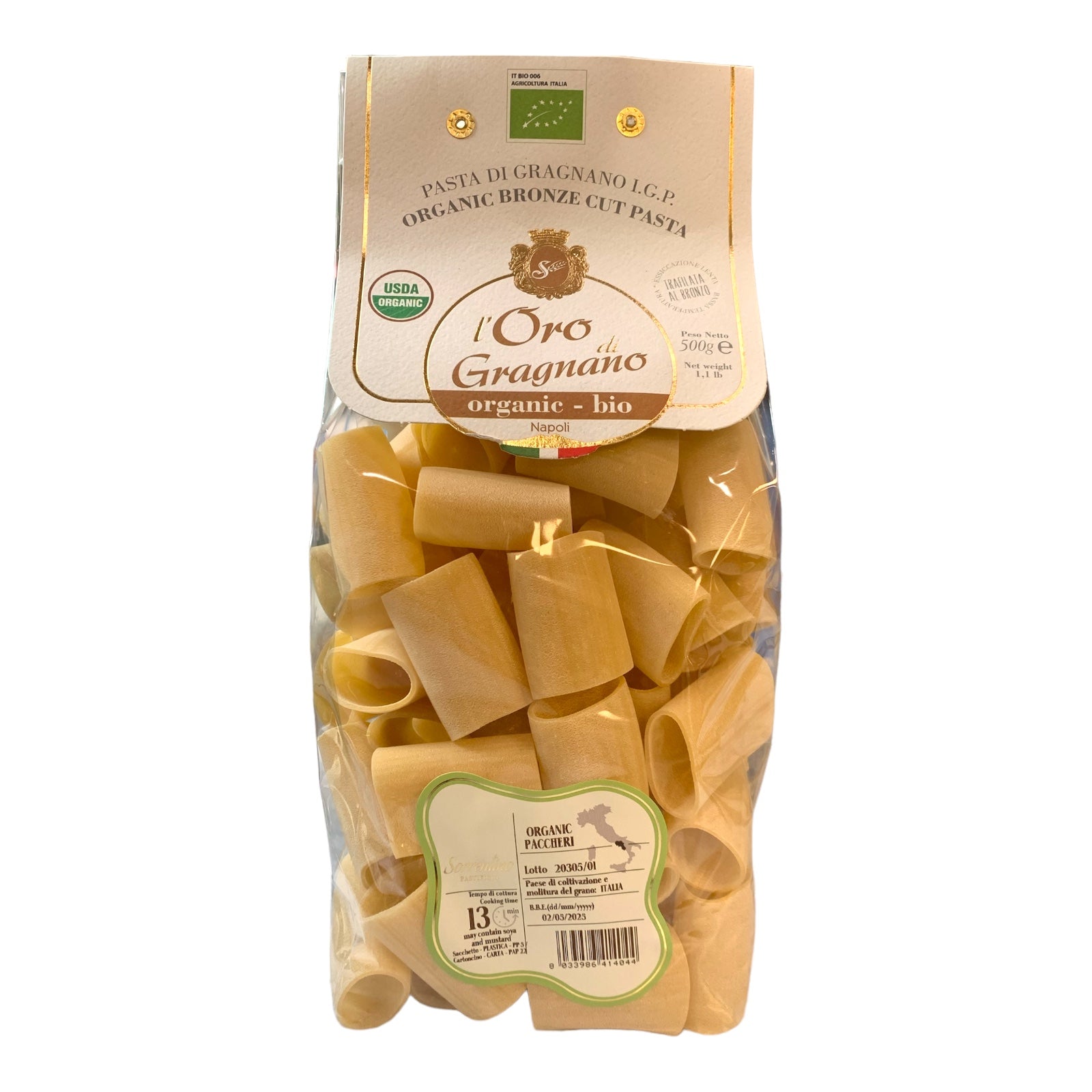 L'Oro di Gragnano Paccheri Pasta Organic By Sorrentino Pastificio 500g 1.1lb