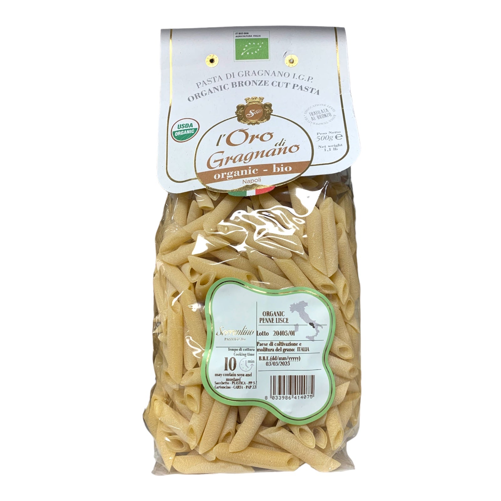 L'Oro di Gragnano Penne Lisce Pasta Organic By Sorrentino Pastificio 500g 1.1lb