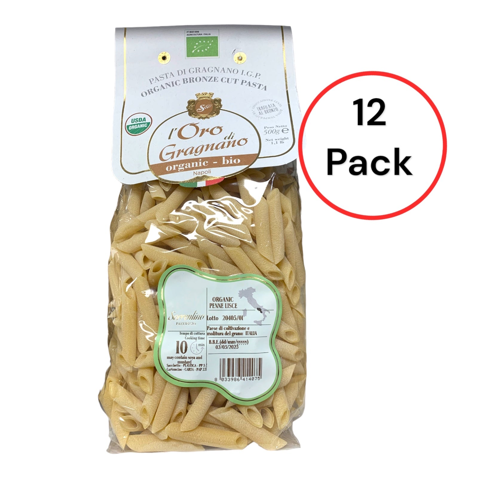 L'Oro di Gragnano Penne Lisce Pasta Organic By Sorrentino Pastificio I.G.P. 500g 1.1lb (12 pack)