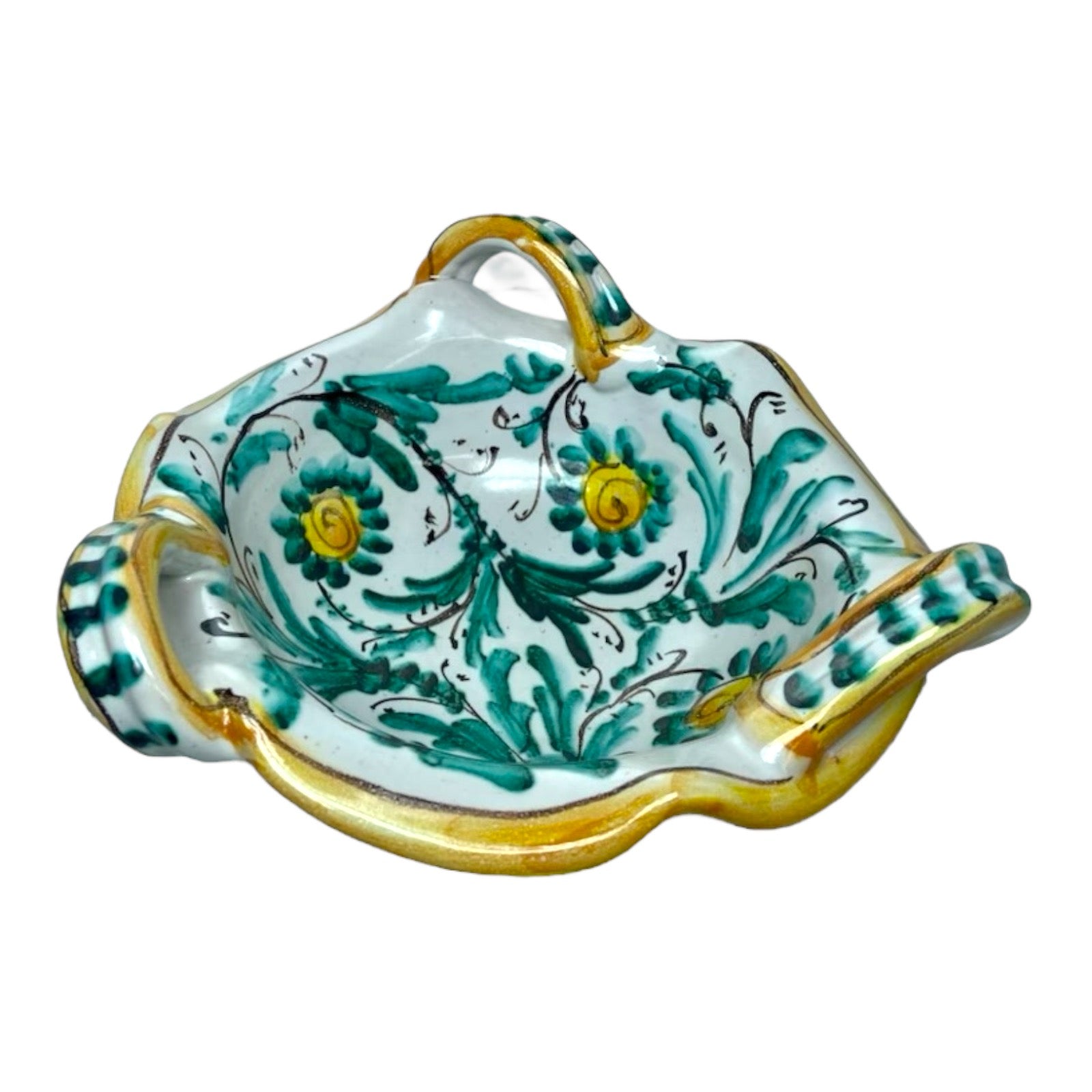 Elegant and refined doily with handles handmade in Sicilian ceramic and decorated by hand.