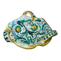 Elegant and refined doily with handles handmade in Sicilian ceramic and decorated by hand.